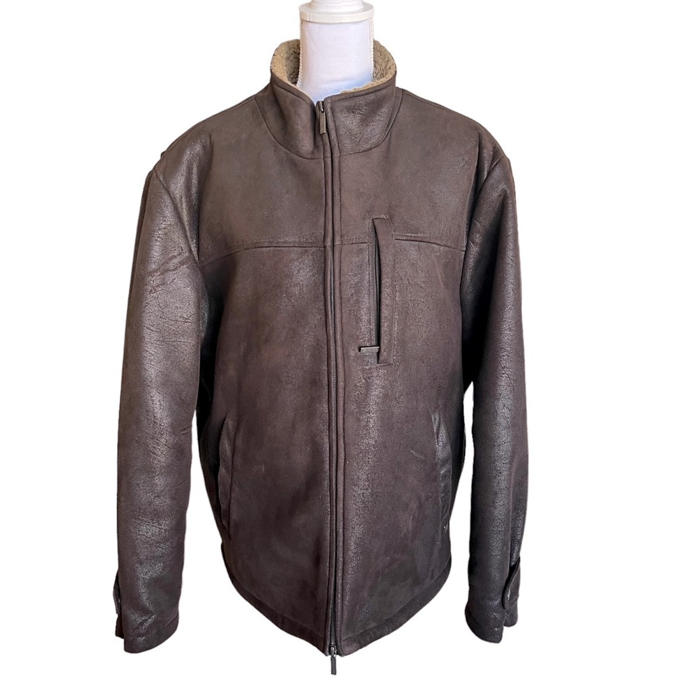 💫 MENS CALVIN KLEIN Faux Brown Suede Fur Lined Zip Front Jacket * SZ L